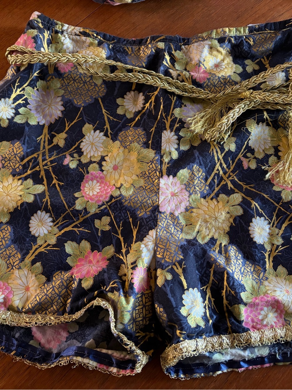 High-Waist Floral Brocade Shorts with Gold Trim - Black & Pink